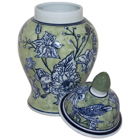 Green and Blue Flowers Ceramic Ginger Jar and Lid 29cm
