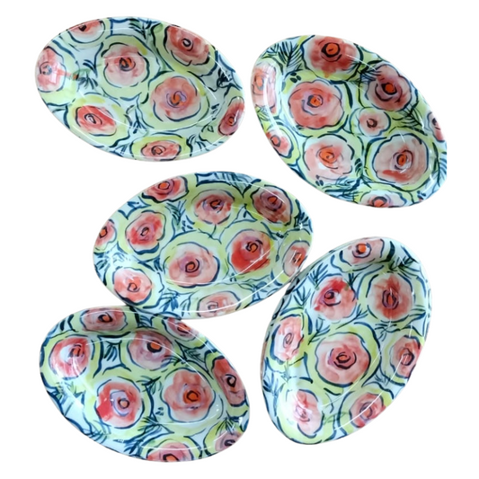 Esra Bosch - Single Oval Ceramic Pasta Bowl - Flowers in Green, Coral and Blue