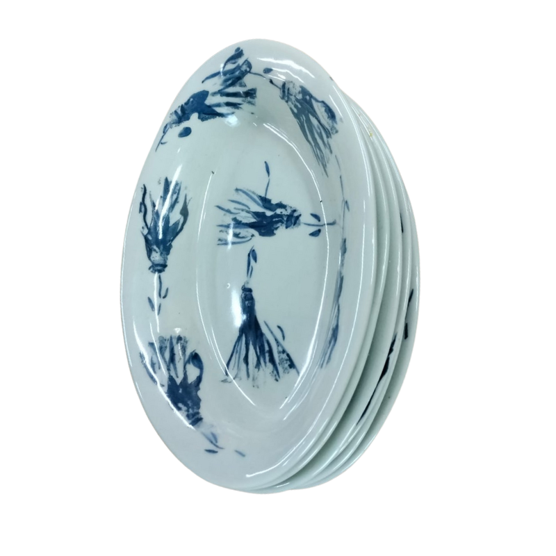 Esra Bosch - Single Oval Ceramic Pasta Bowl - Grey Blue Flower