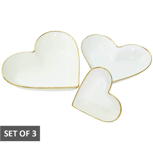White Heart Ceramic Bowls with Golden Rim - Set of 3