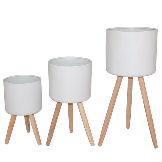 White Pot Plant Stands with Wooden Legs - Set of 3