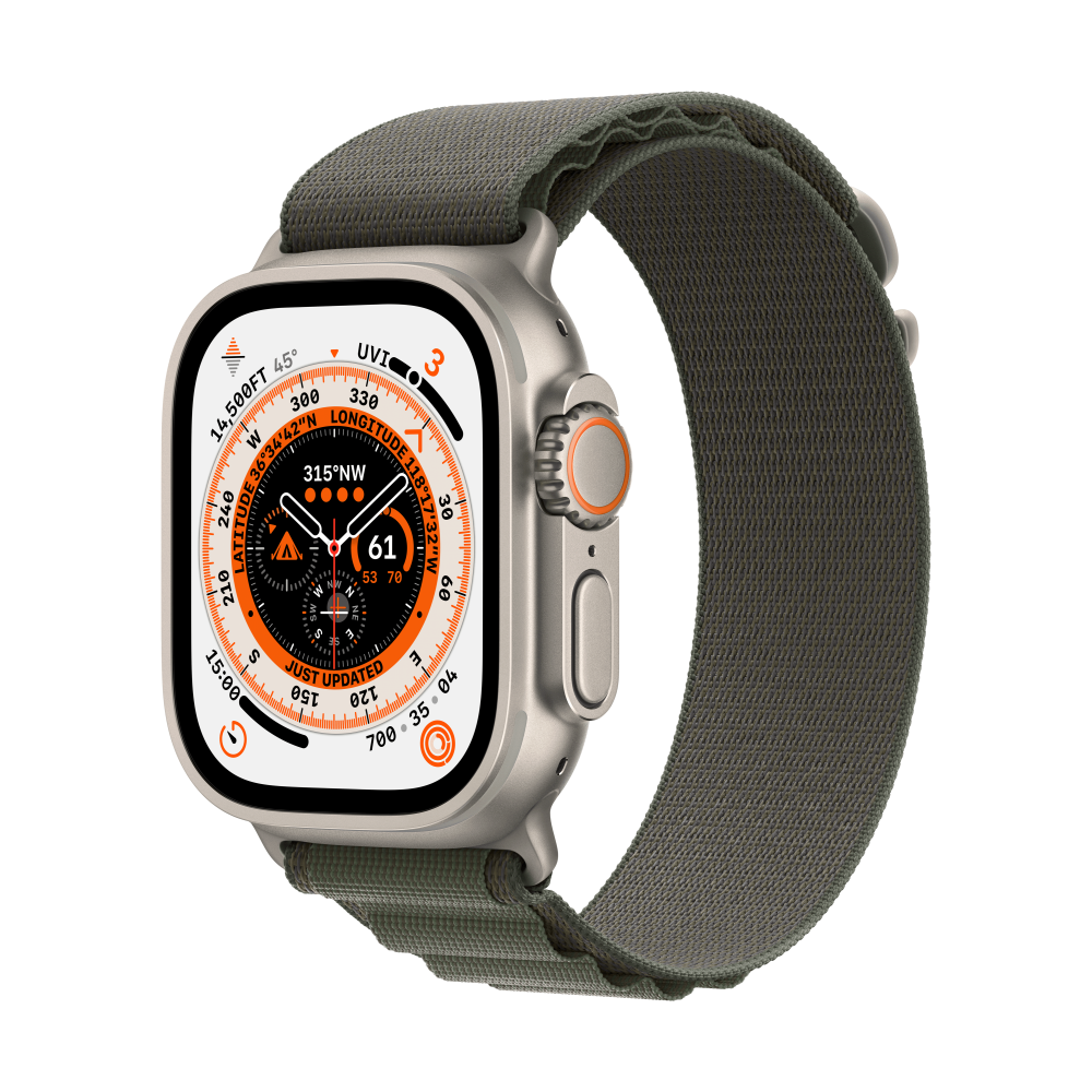 Apple - Apple Watch Ultra GPS + Cellular - 49mm Titanium Case with Green Alpine Loop - Medium - MQFN3SO/A