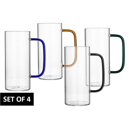 Glass Coffee Mugs (Set of 4) - 380 ml - Colourful Handles