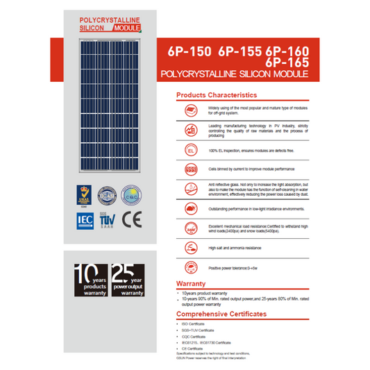 Solar Panel, Polycrystalline, 6P-160, 160Watt, 12V System by Power Solutions
