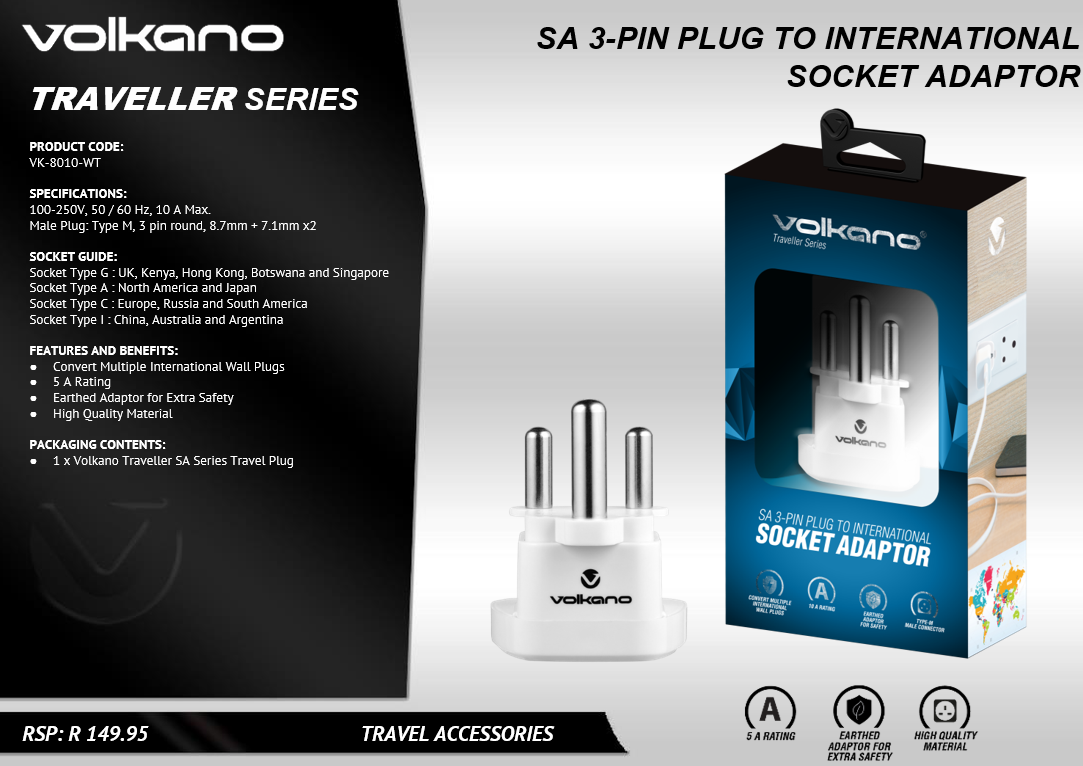 Volkano Traveller Series - SA 3-Pin Plug to International Socket Adaptor