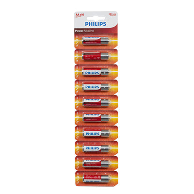 Philips Power Alkaline AA Batteries 10-Single Blister with Tear Card- AV708