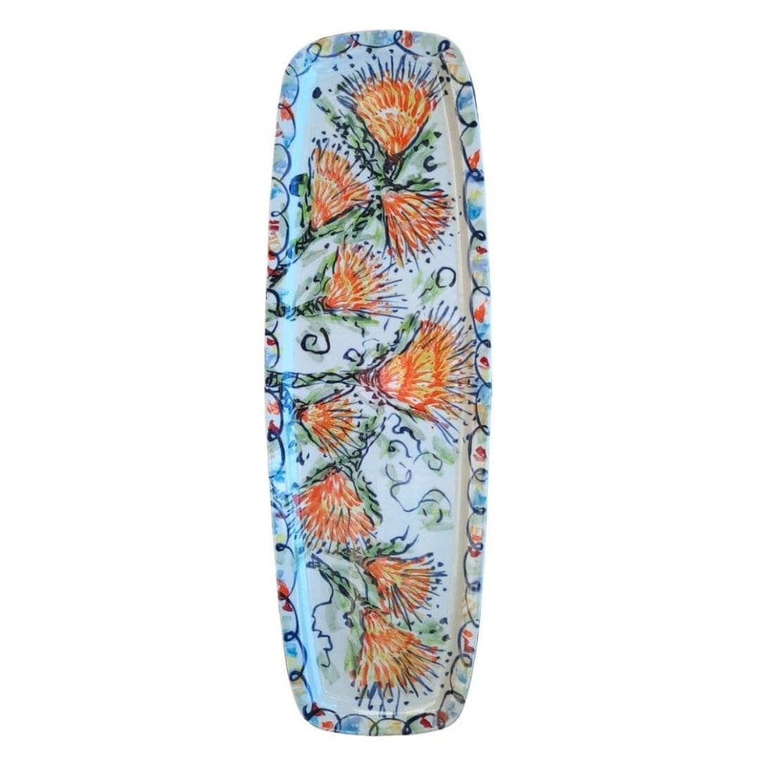 Large Rectangular Ceramic Platter - Painted Yellow Pincushions - Handmade by Esra Bosch