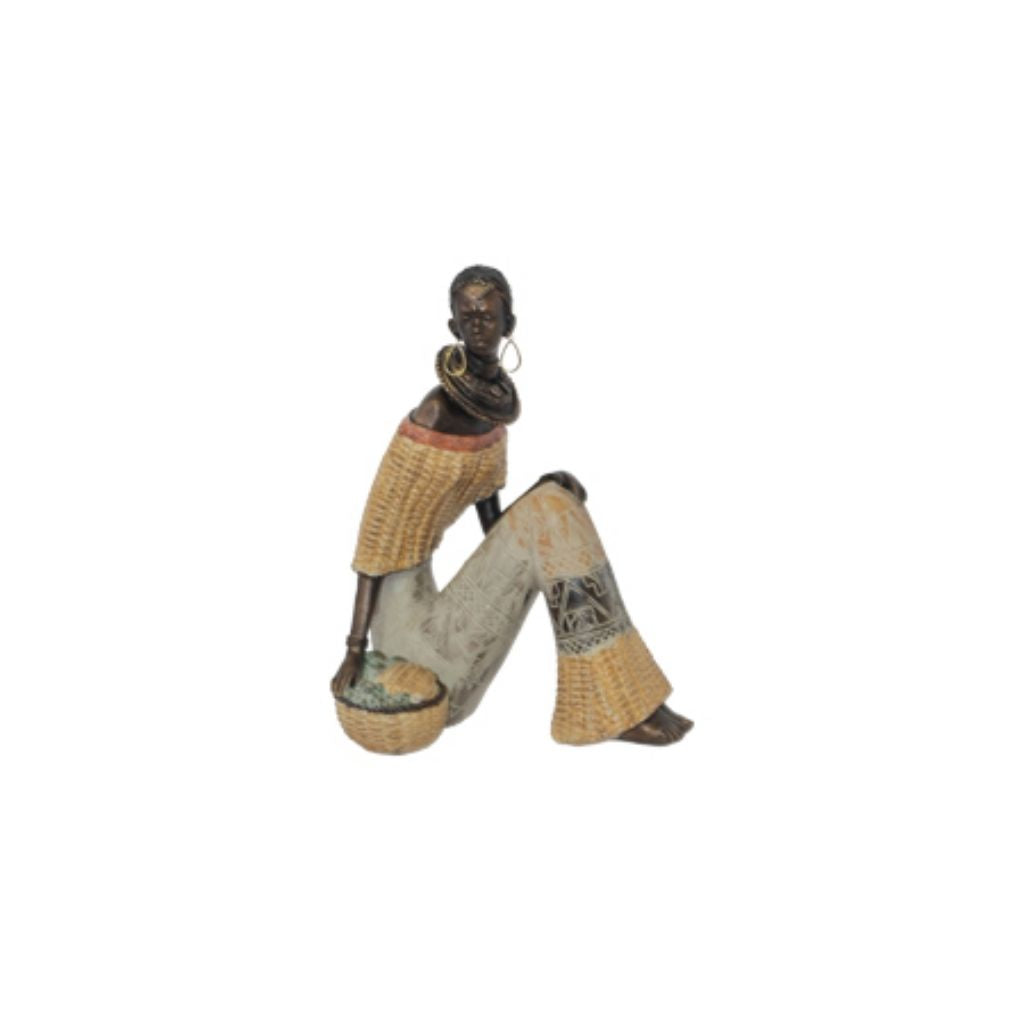 Home Decor Ornament - Figurine of An African Lady - Sitting with Corn in a Basket