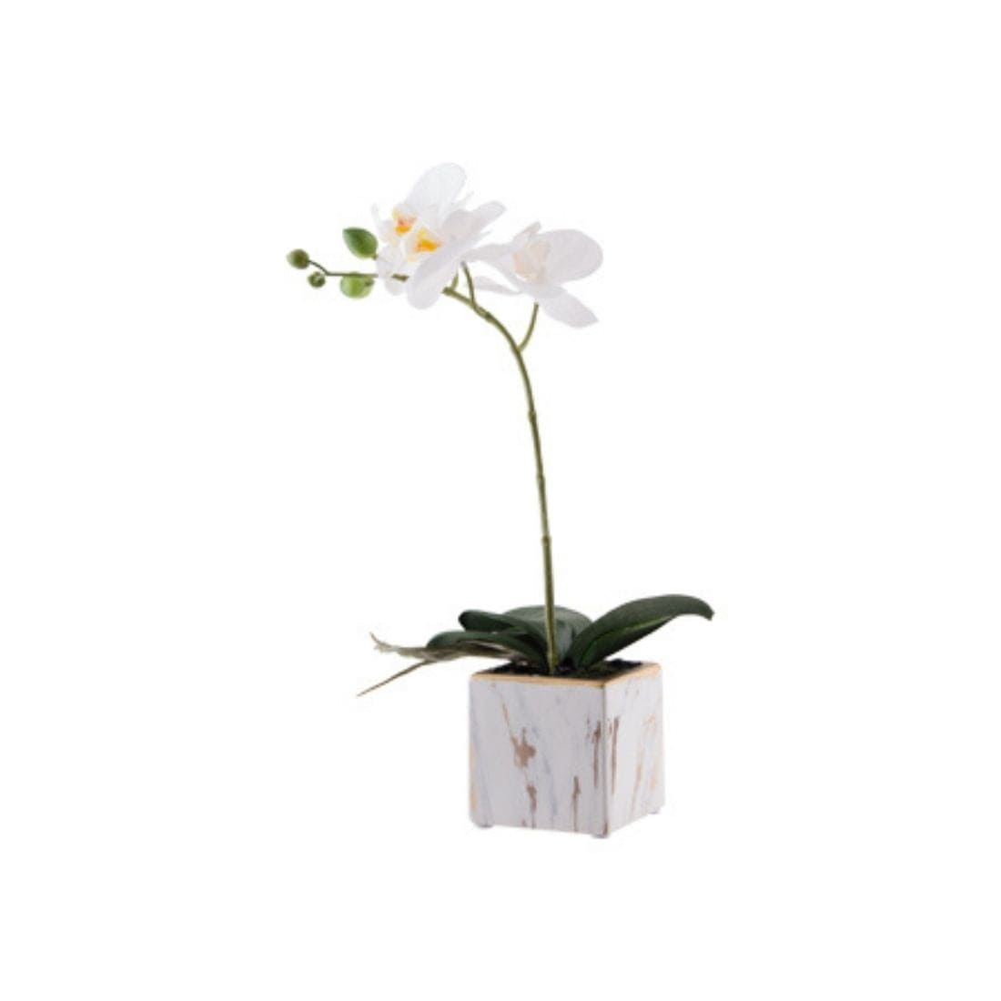 White Artificial Orchid In White-and-Gold-Marble-Painted Pot (33 cm)