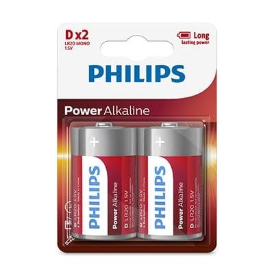 Philips Power Alkaline LR20 D Batteries 15V 2 Pack