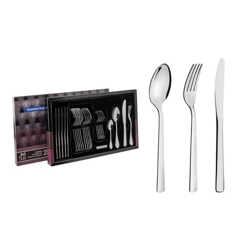 Tramontina Oslo stainless steel flatware set with table knives and mirror finish, 24 pc set - TRM-66985000