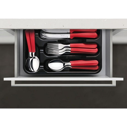 Tramontina Tulum stainless steel flatware set with red polypropylene handles and organizer tray, 25 pcs- TRM-23299783