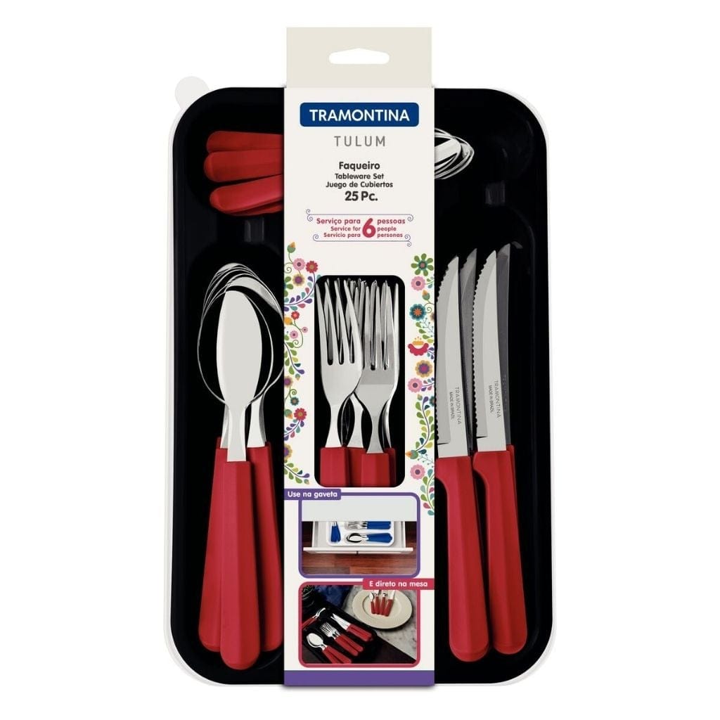 Tramontina Tulum stainless steel flatware set with red polypropylene handles and organizer tray, 25 pcs- TRM-23299783