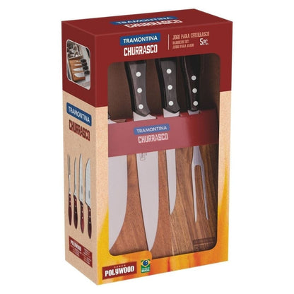 Tramontina stainless steel Braai barbecue set with brown Polywood handles, 5pcs - TRM-21198981