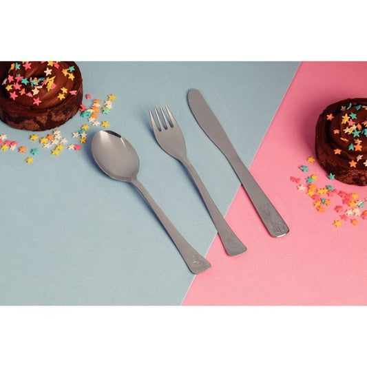 Tramontina Baby Friends stainless steel children's flatware set with shiny finish and relief design, 3 pc set - TRM-66970020