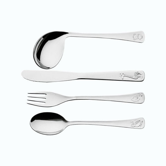 Tramontina Baby Friends stainless steel children's flatware set with shiny finish and relief drawing, 4 pc set - TRM-66970010