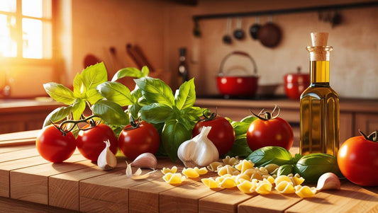 A rustic Italian kitchen setting with pasta ingredients scattered artistically - fresh basil, tomatoes, garlic, olive oil, and different pasta shapes