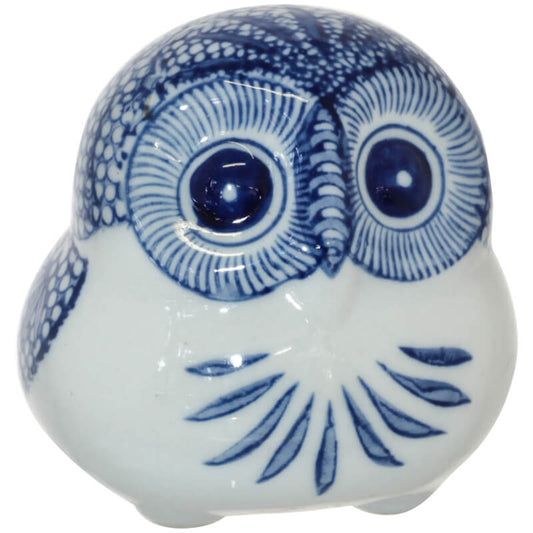 Decorative Owl in Ceramic, White and Blue - 10cm