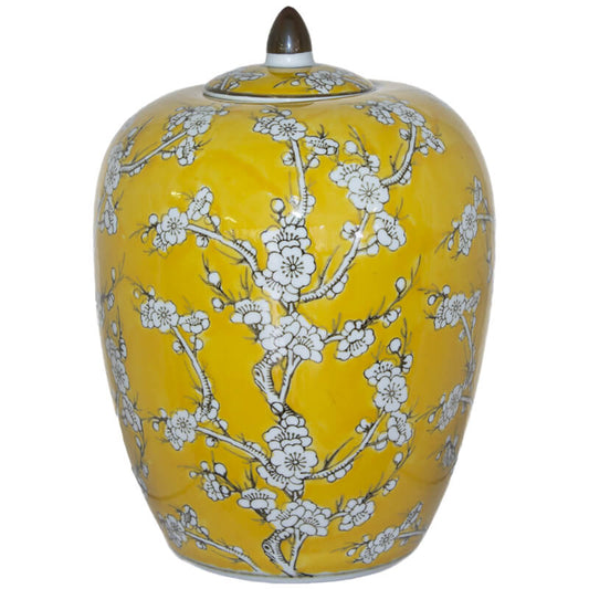 Ginger Jar with Lid in Yellow and White Ceramic - Melyn