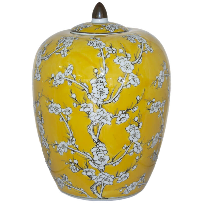 Ginger Jar with Lid in Yellow and White Ceramic - Melyn