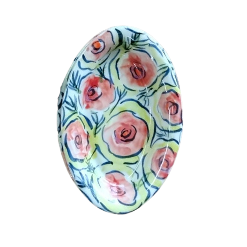 Esra Bosch - Single Oval Ceramic Pasta Bowl - Flowers in Green, Coral and Blue