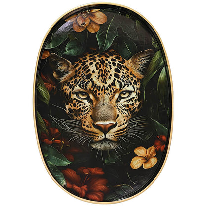 Decorative tray with a leopard design surrounded by leaves and flowers. Tray - Oval - Leopard - 40 x 28 cm, Serving Board