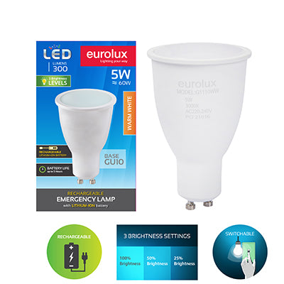 Eurolux - Rechargeable GU10 LED 5w 3000K Lighting - G1110WW