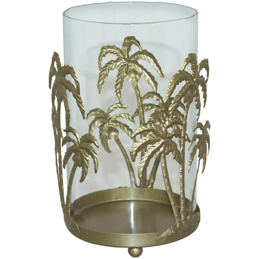 Glass Hurricane Decorated with Golden Metal Palm Trees - Candle Holder