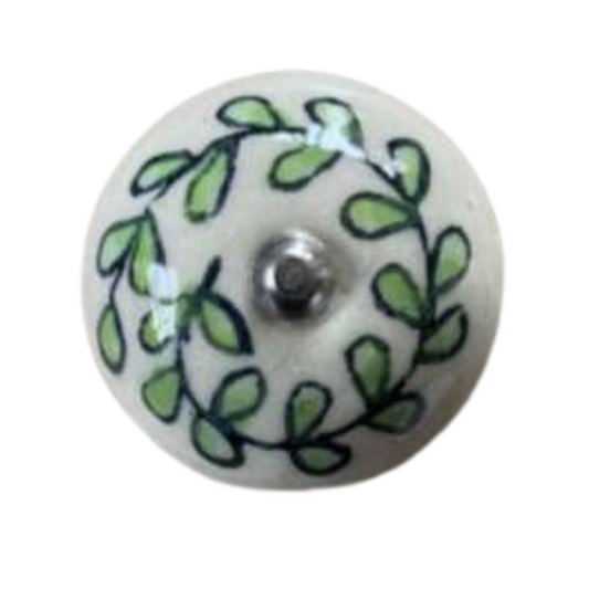 Ceramic Round Knob - Lime Green Leaf Pattern
