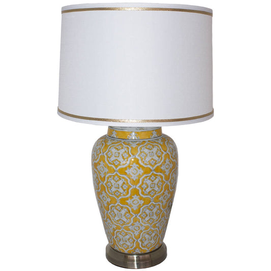 Ceramic Yellow Patterned Lamp and White Fabric Shade - 66cm