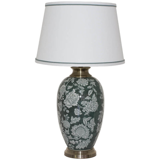 Ceramic Forest Green Vase Lamp and White Fabric Shade - 75cm