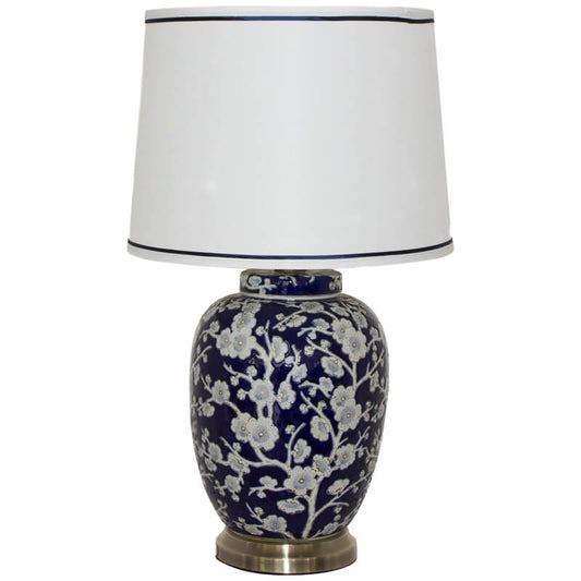 Ceramic Blue Lamp with White Flowers and White Fabric Shade - 64cm