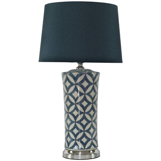 Ceramic Lamp with Blue Shade and Geometric Design