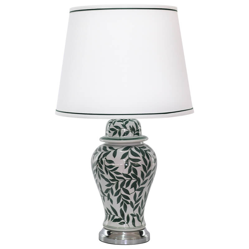 Green Leaf Ceramic Jar Lamp with White Fabric Shade