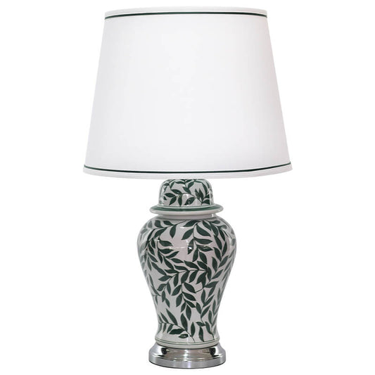Green Leaf Ceramic Jar Lamp with White Fabric Shade