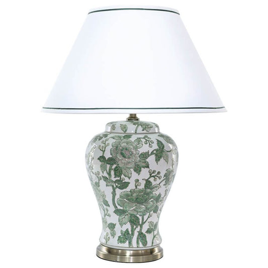 Green Flower Ceramic Jar Lamp with White Fabric Shade