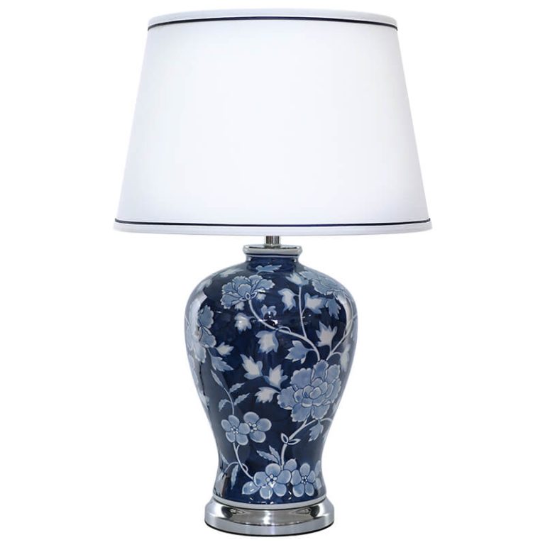 Maya Blue Ceramic Vase Lamp with White Fabric Shade