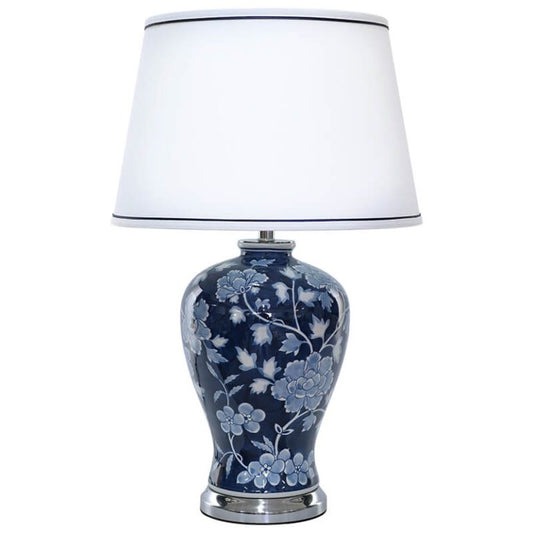 Maya Blue Ceramic Vase Lamp with White Fabric Shade