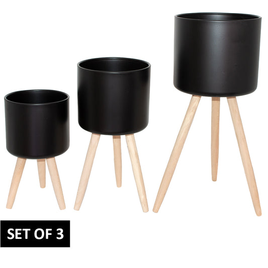 Black Metal Plant Pot Stands with Wooden Legs - Set of 3