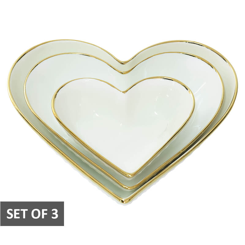 White Heart Ceramic Bowls with Golden Rim - Set of 3