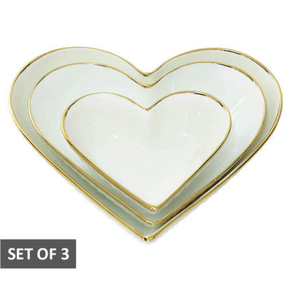 White Heart Ceramic Bowls with Golden Rim - Set of 3