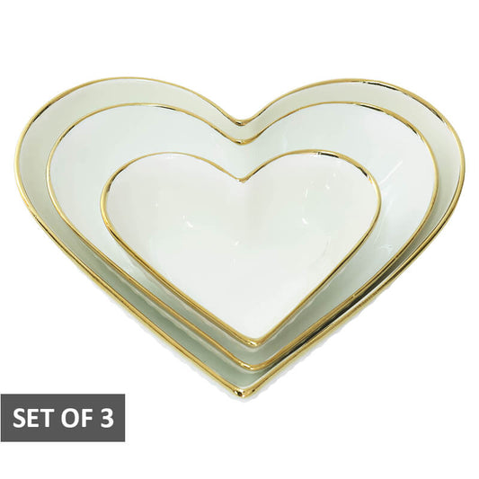 White Heart Ceramic Bowls with Golden Rim - Set of 3