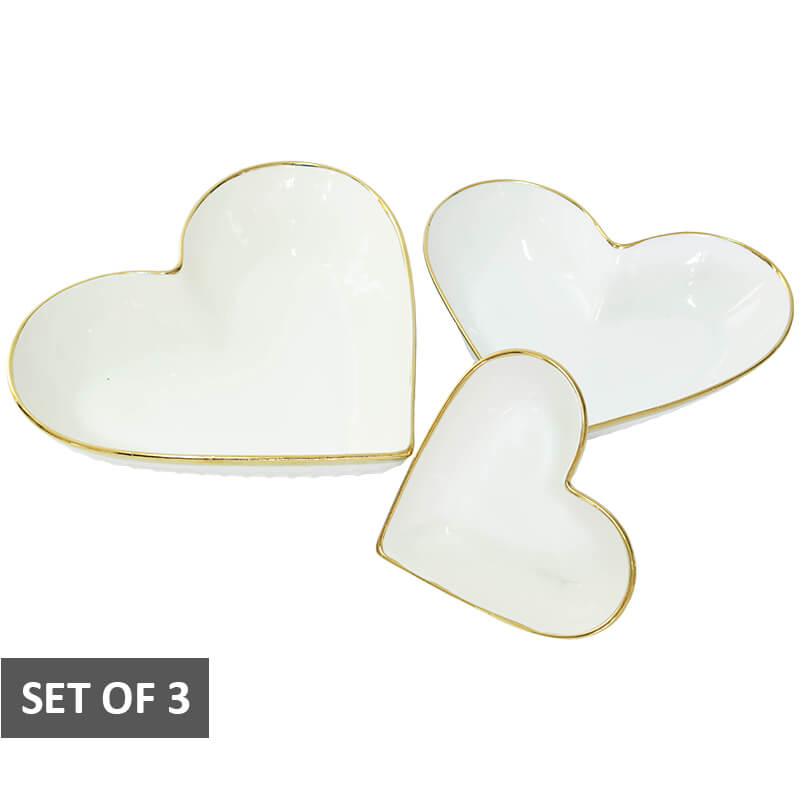 White Heart Ceramic Bowls with Golden Rim - Set of 3
