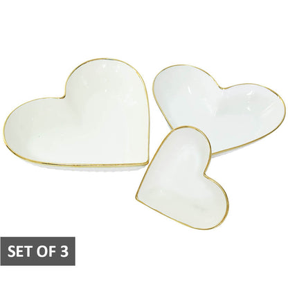 White Heart Ceramic Bowls with Golden Rim - Set of 3