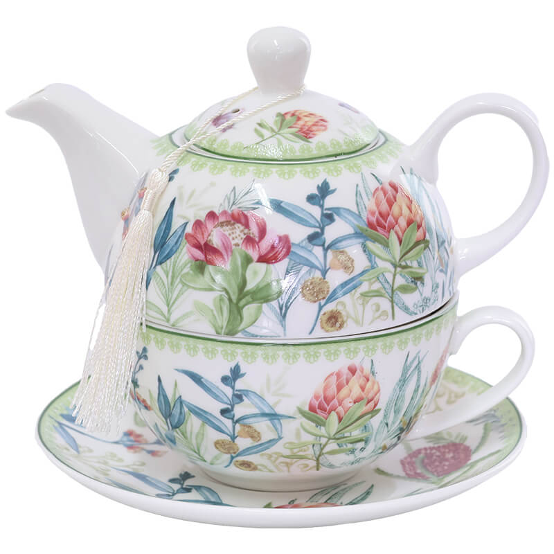 Porcelain Protea Teapot, Teacup and Saucer for One