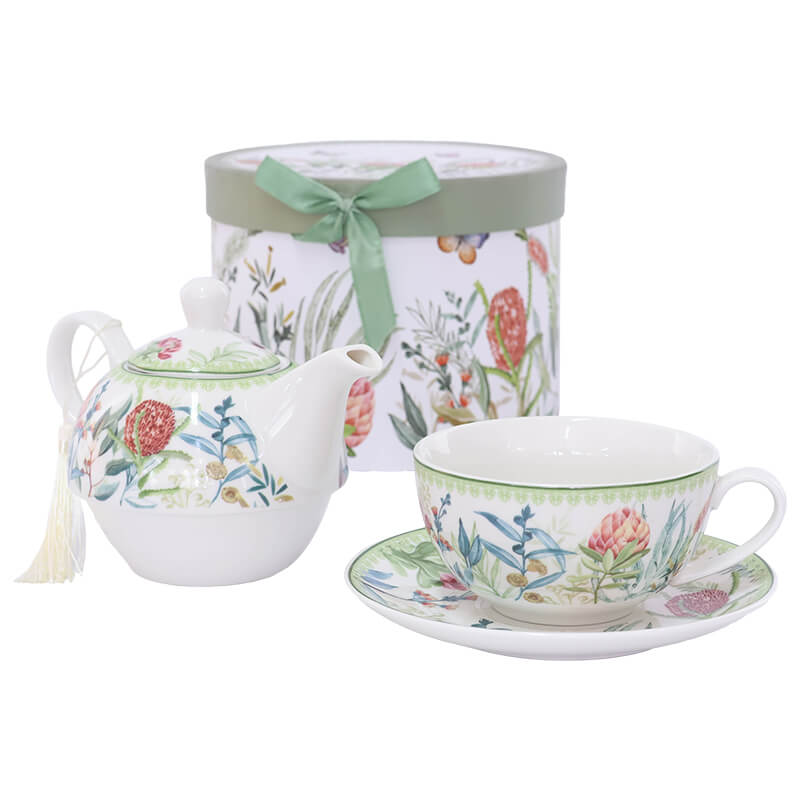 Porcelain Protea Teapot, Teacup and Saucer for One