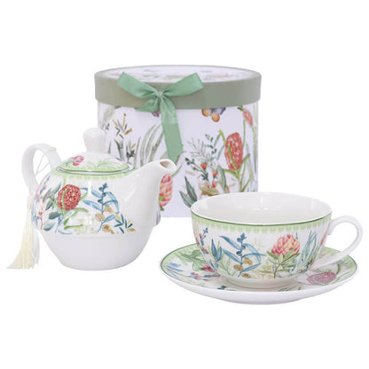 Porcelain Protea Teapot, Teacup and Saucer for One