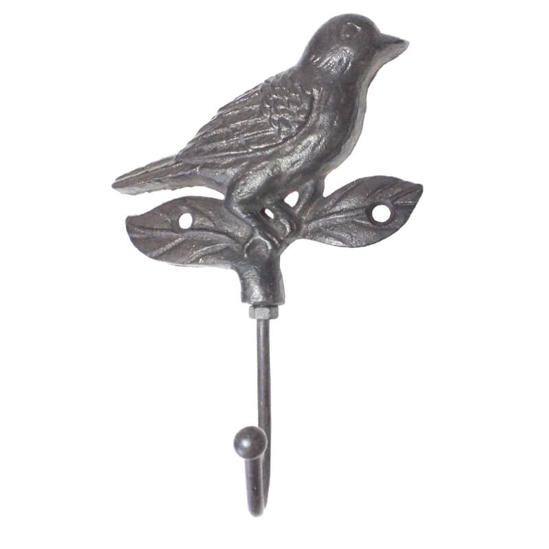 Bird On Leaf - Single Hook in Wrought Iron - 17cm