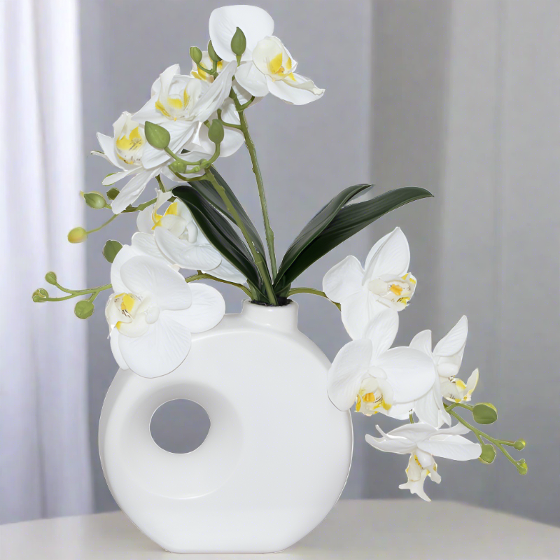 White Artificial Orchid in White Decor Vase with Handle, Artificial Flowers, Home Decor