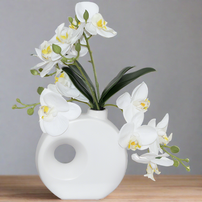 White Artificial Orchid in White Decor Vase with Handle, Artificial Flowers, Home Decor